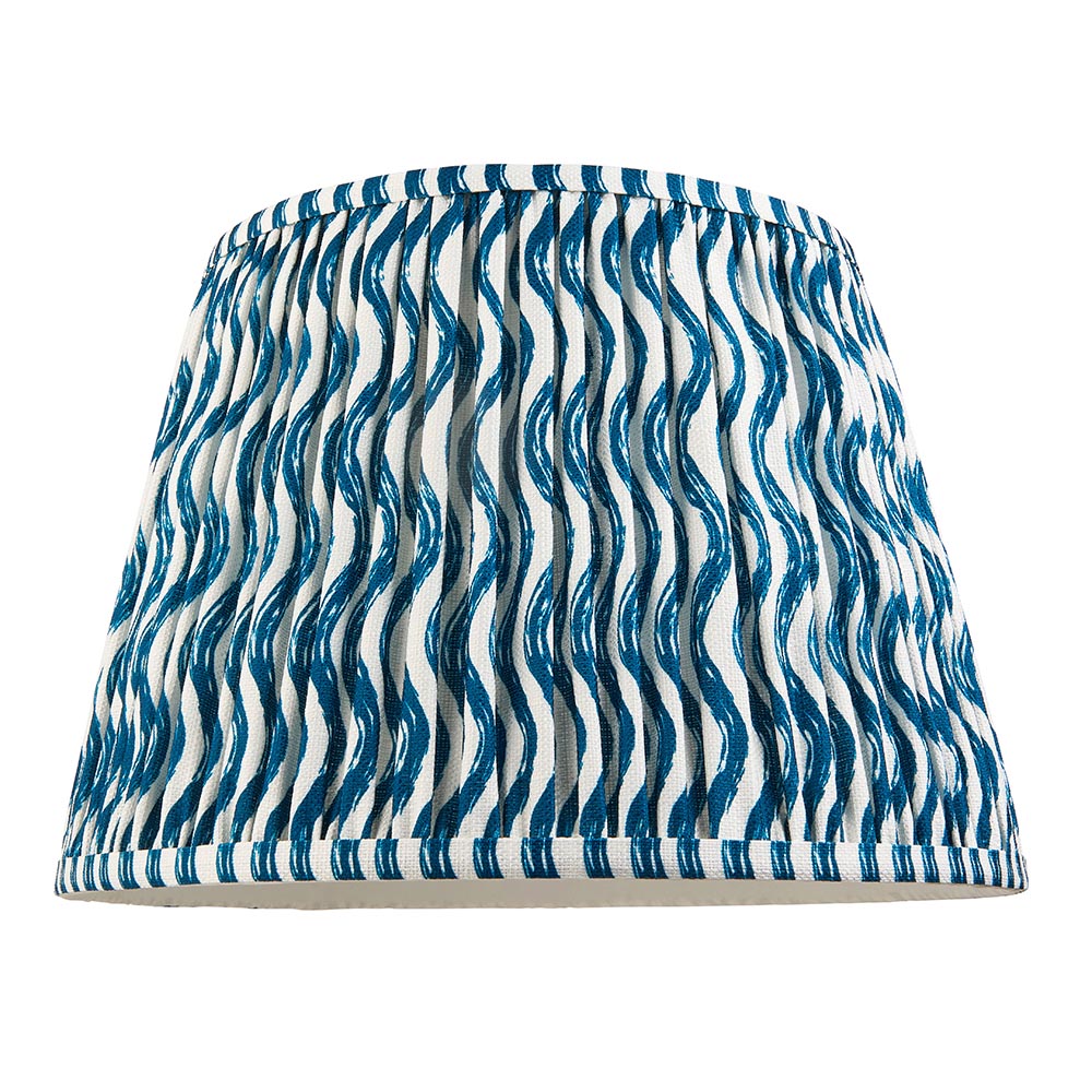 Endon Brenleigh Ripple 35cm pleated faux linen lampshade in white with marlin blue wavy stripe pattern, shown on a plain white background.
