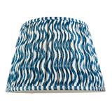 Endon Brenleigh Ripple 35cm pleated faux linen lampshade in white with marlin blue wavy stripe pattern, shown on a plain white background.