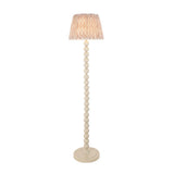 Endon Brenleigh Ikat floor lamp with white stacked sphere metal base and natural patterned faux silk pleated shade, shown on a plain white background.