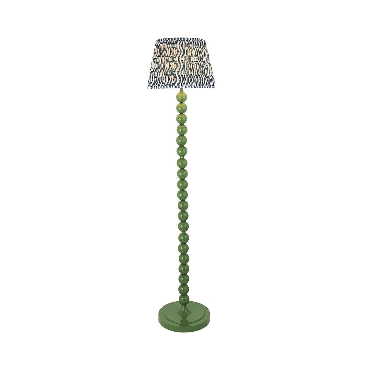Endon Brenleigh Ripple floor lamp with green stacked sphere metal base and blue and cream ripple-patterned faux linen shade on a white background.