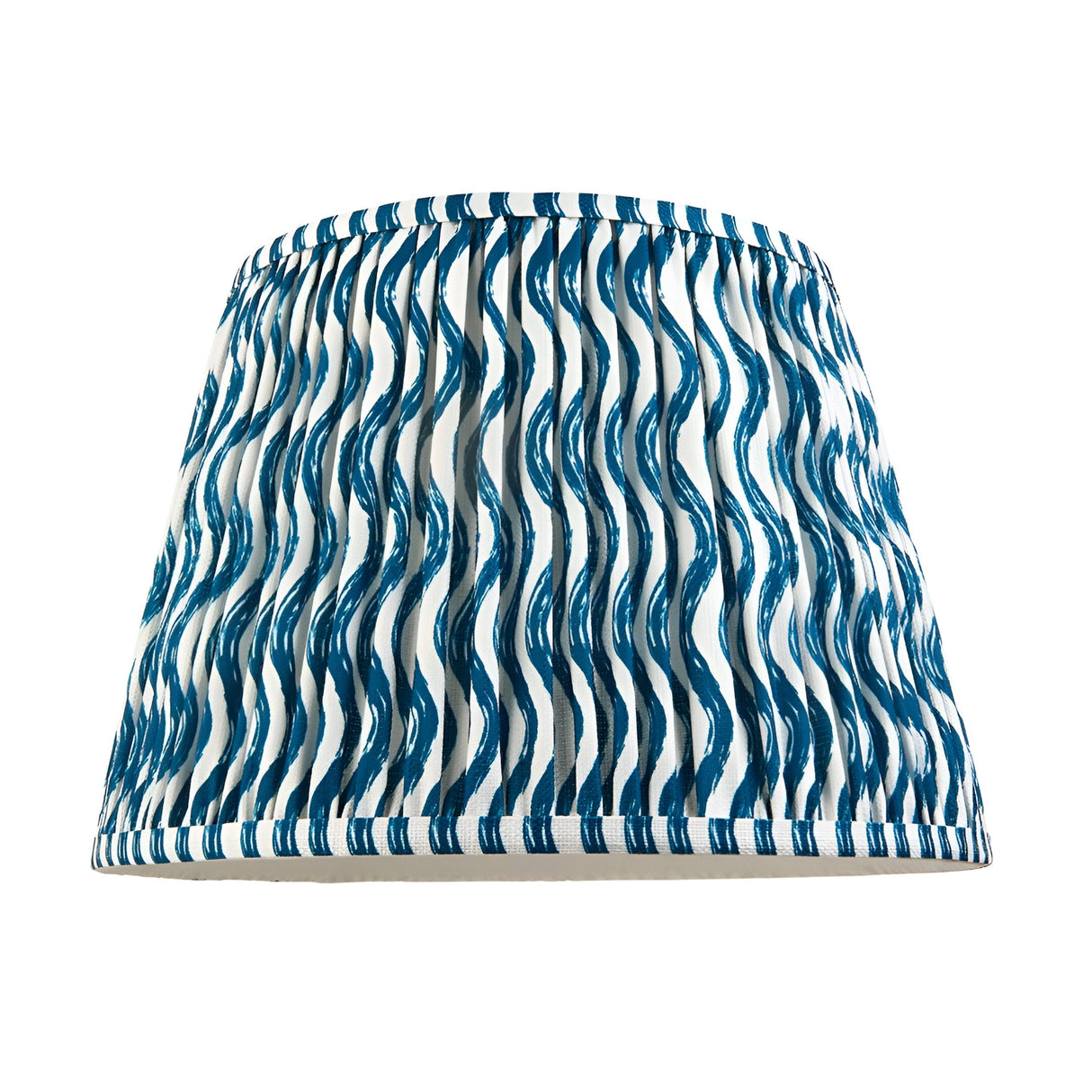 Endon Brenleigh Ripple 35cm gathered pleat lampshade in blue wave-pattern faux linen with taped edging, shown on a plain white background.