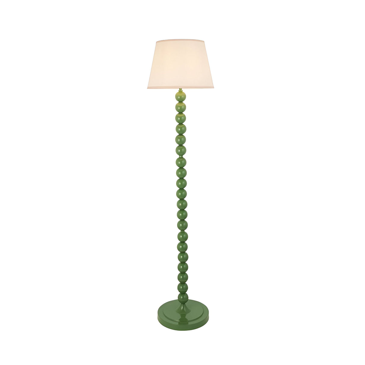 Endon Brenleigh Ivy floor lamp with glossy Cotswold green stacked sphere base and tapered vintage white Ivy fabric shade on a plain background.