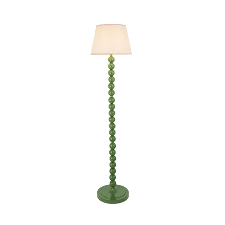 Endon Brenleigh Ivy floor lamp with glossy Cotswold green stacked sphere base and tapered vintage white Ivy fabric shade on a plain background.