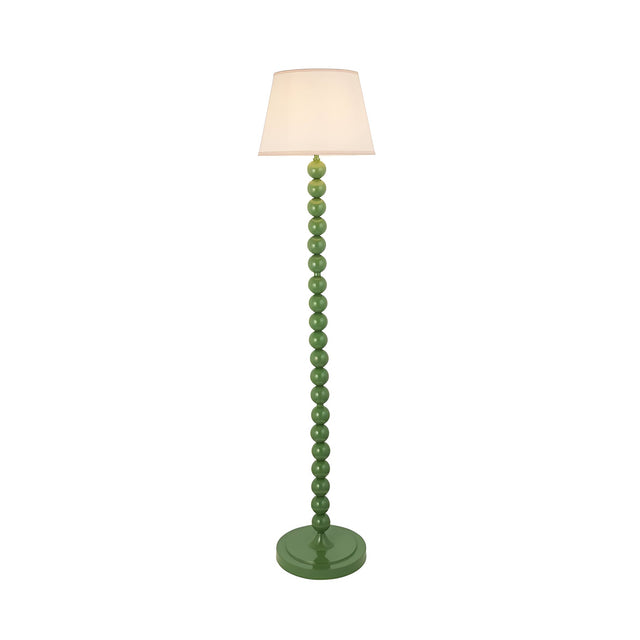 Endon Brenleigh Ivy floor lamp with glossy Cotswold green stacked sphere base and tapered vintage white Ivy fabric shade on a plain background.