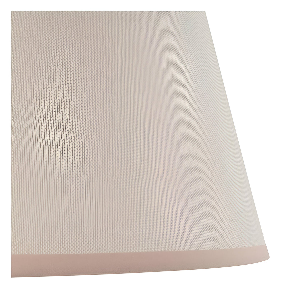 Close-up of the Endon Brenleigh floor lamp's Ivy shade, showing the tapered vintage white cotton mix fabric with a contrasting taped edge.