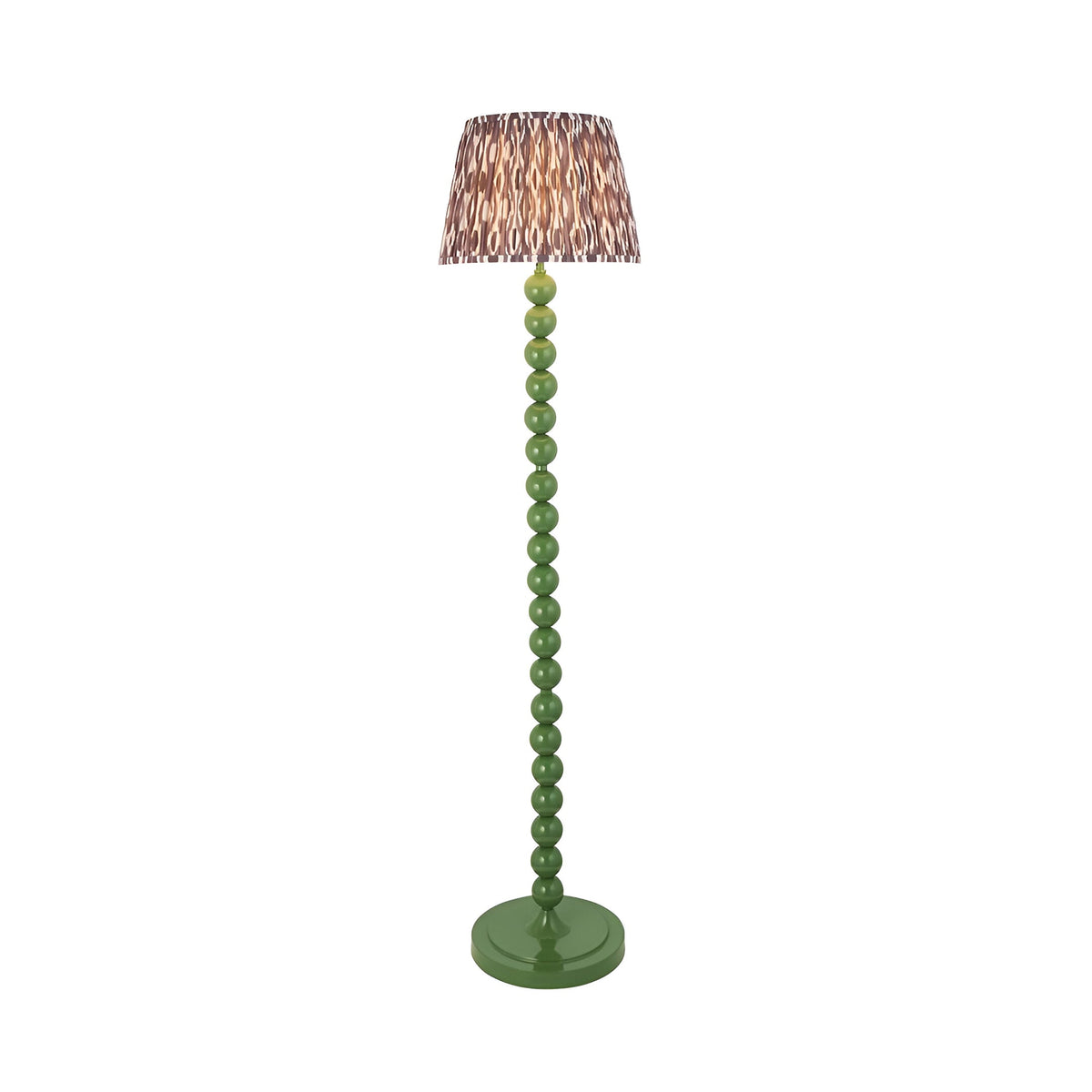 Endon Brenleigh floor lamp with stacked green gloss sphere base and grey patterned Ikat faux silk tapered shade, shown on a plain background.
