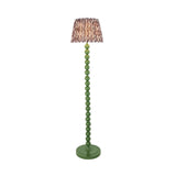 Endon Brenleigh floor lamp with stacked green gloss sphere base and grey patterned Ikat faux silk tapered shade, shown on a plain background.