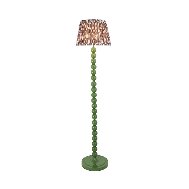 Endon Brenleigh floor lamp with stacked green gloss sphere base and grey patterned Ikat faux silk tapered shade, shown on a plain background.