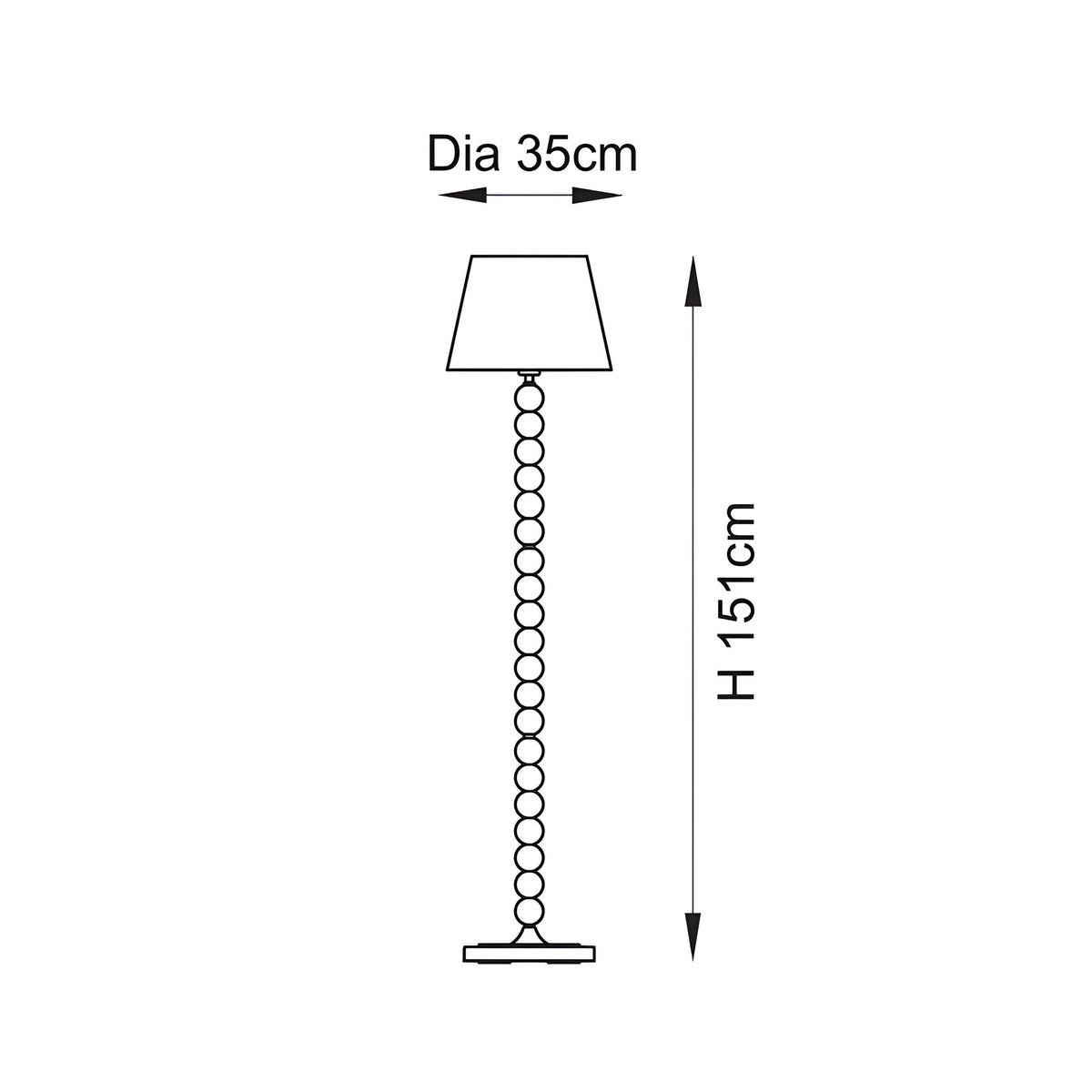 Dimension diagram of the Endon Brenleigh Ripple floor lamp showing a 35cm shade diameter and 151cm height with a stacked sphere base.