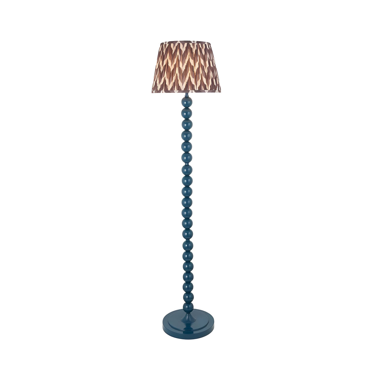 Brenleigh Zigzag Floor Lamp with blue stacked-sphere base and round pleated grey zigzag-pattern fabric shade, shown on a plain white background.
