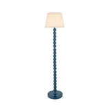 Brenleigh Ivy floor lamp with stacked sphere blue gloss base and tapered white fabric shade, on a plain white background.