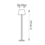 Endon Brenleigh floor lamp dimension diagram showing a stacked sphere base with tapered shade, marked 35cm diameter and 151cm height.