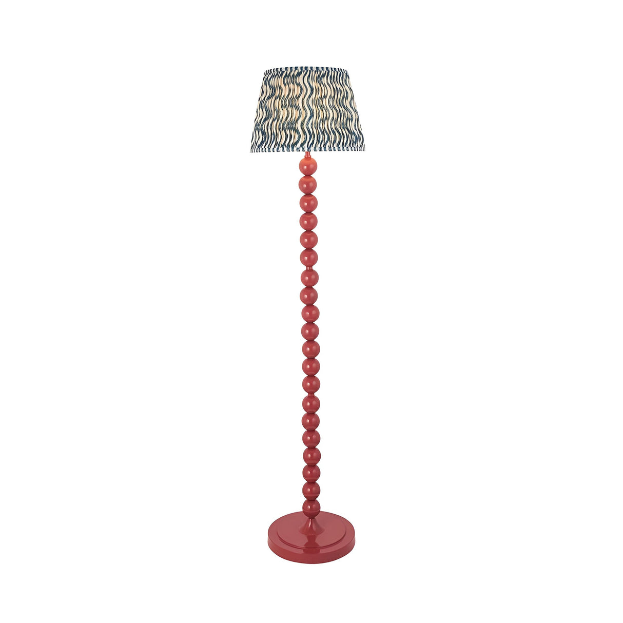 Endon Brenleigh Ripple floor lamp with a coral pink stacked sphere metal base and blue wave-patterned pleated fabric shade, on a white background.