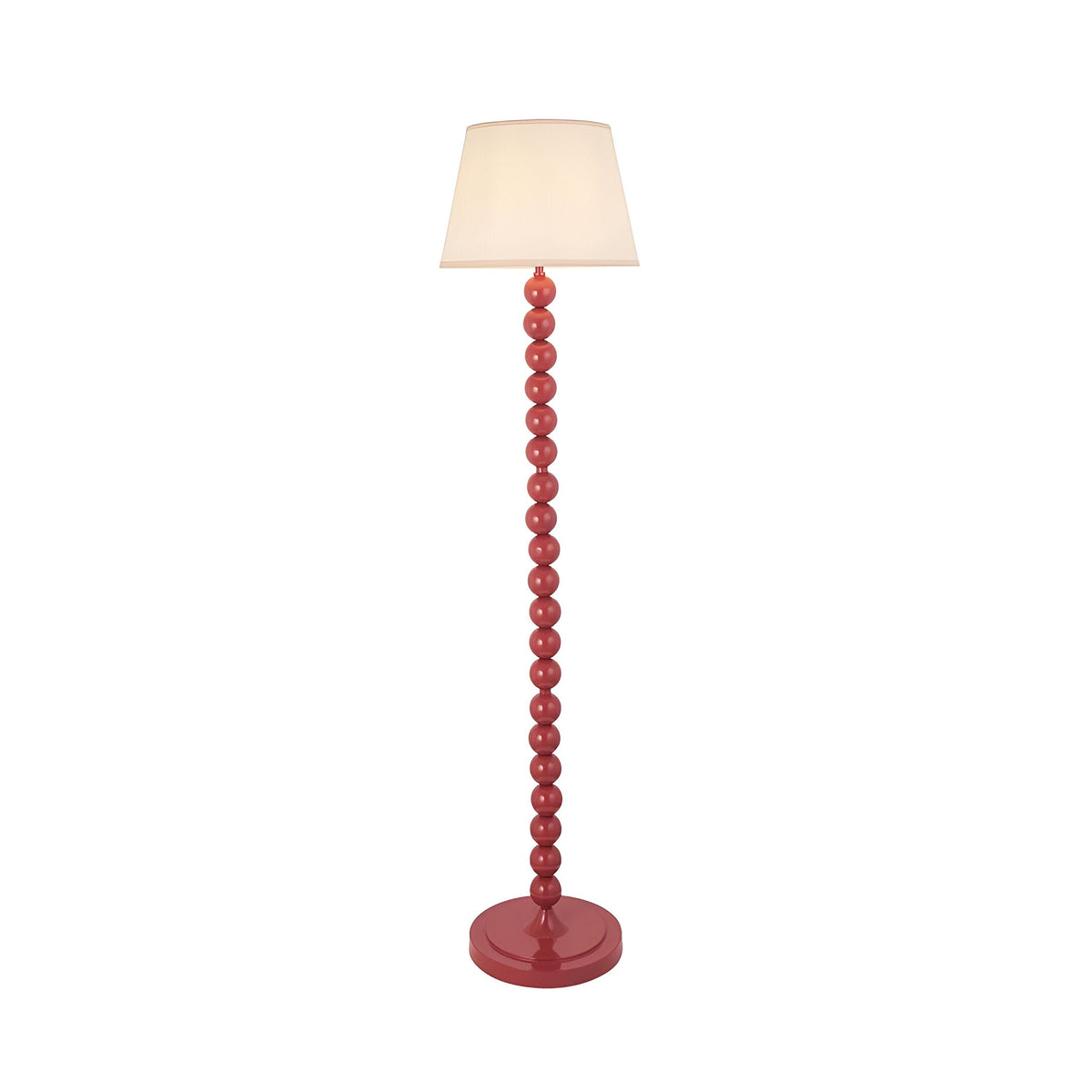 Endon Brenleigh Ivy floor lamp with glossy pink stacked sphere base and tapered vintage white fabric shade on a plain background.