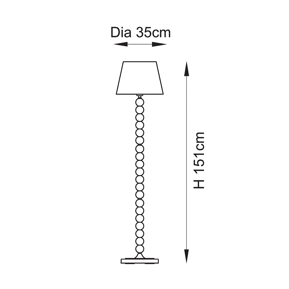 Line drawing of Brenleigh floor lamp showing stacked sphere metal stem, tapered fabric shade, 35cm diameter and 151cm height dimensions.
