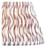 Close-up of the Endon Amberley Ripple table lamp shade, showing hand-pleated faux linen with grey and brass wavy print and taped striped edge.