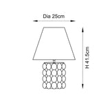 Dimension diagram of the Endon Amberley Ripple table lamp showing 25cm shade diameter and 41.5cm height, with tapered shade and bobble base.
