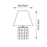 Line drawing of the Amberley Ripple Table Lamp showing a tapered fabric shade on a ribbed ceramic base, with dimensions Dia 25cm and H 41.5cm.