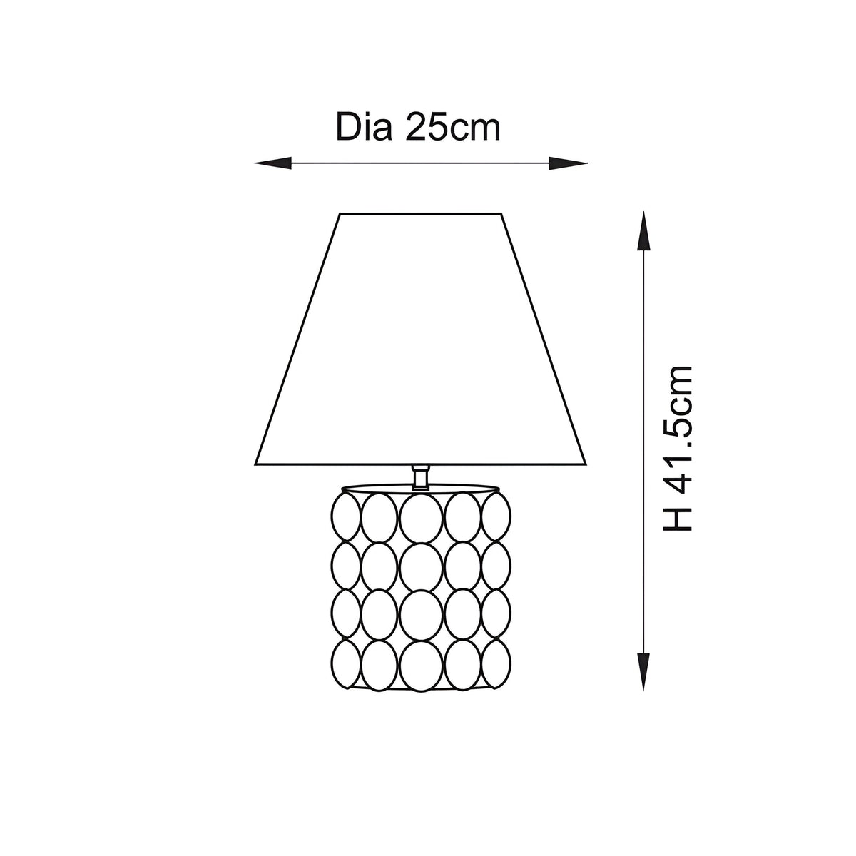 Endon Amberley table lamp dimension diagram showing 25cm shade diameter and 41.5cm height, with tapered shade above a bobble-textured base.