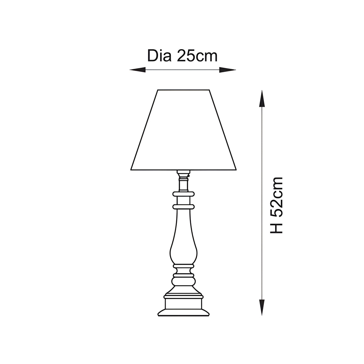 Line drawing of the Carlworth Zigzag Table Lamp II showing spindle-style resin base and tapered fabric shade, with 25cm diameter and 52cm height noted.