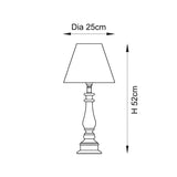 Line drawing of the Carlworth Zigzag Table Lamp II showing spindle-style resin base and tapered fabric shade, with 25cm diameter and 52cm height noted.