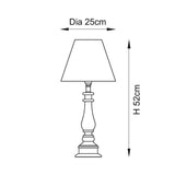 Line drawing of the Carlworth table lamp with turned spindle base and tapered fabric shade, showing dimensions 25cm diameter and 52cm height.