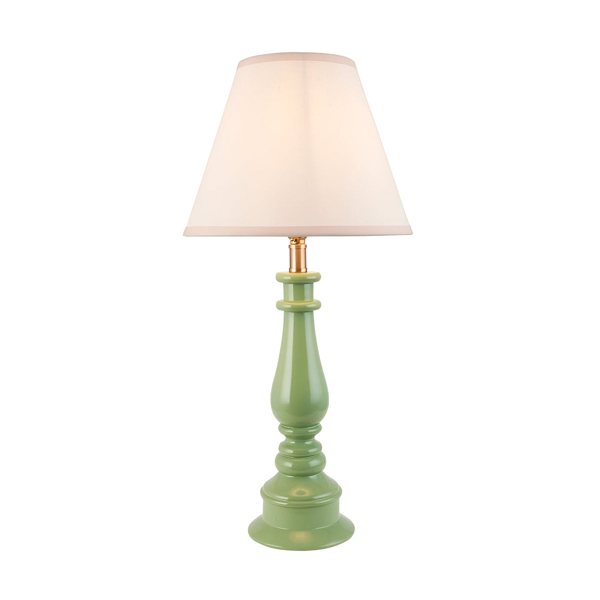Endon Carlworth Ivy table lamp with a green high gloss turned resin spindle base, brass fitting, and tapered vintage white fabric shade on a plain background.