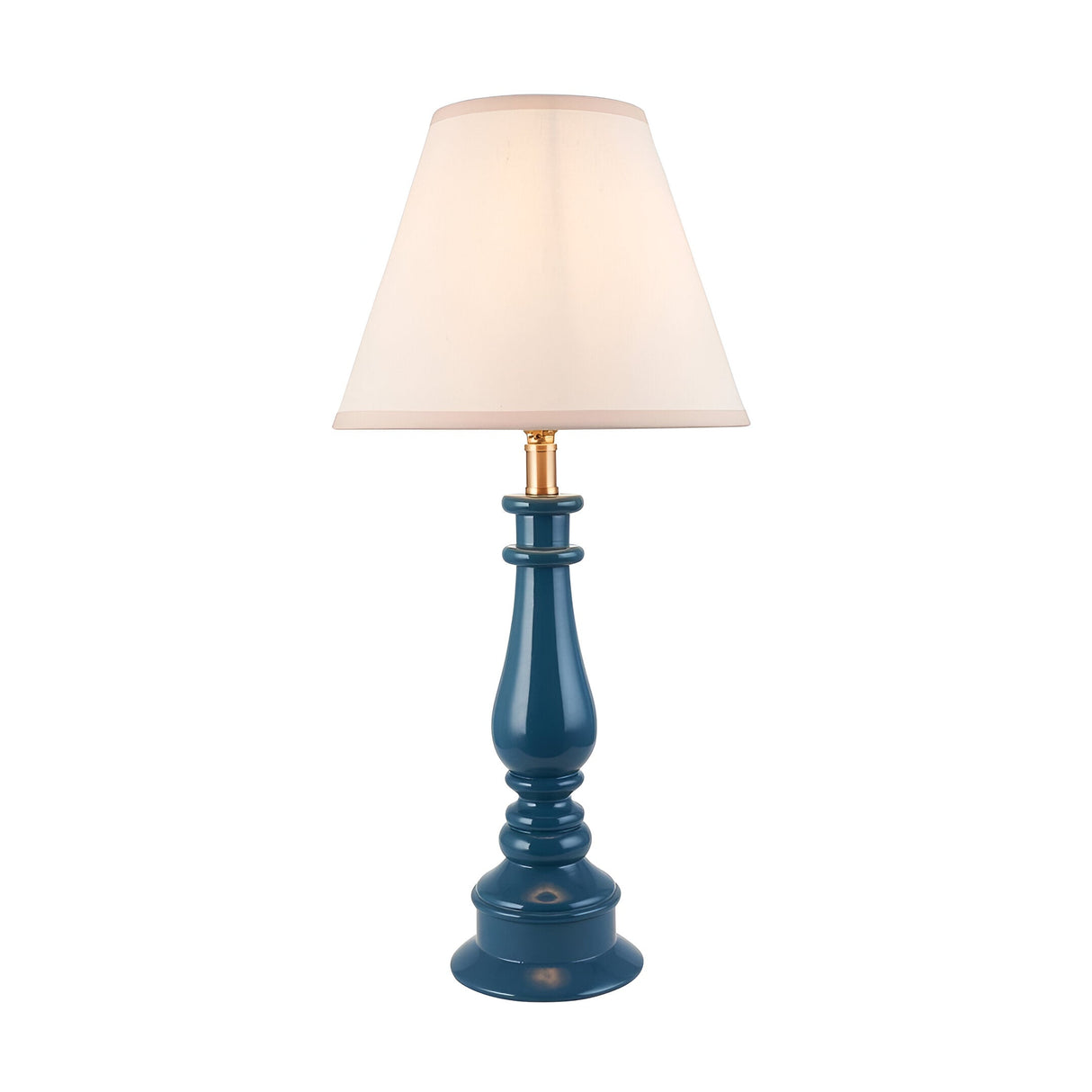 Endon Carlworth Ivy table lamp with turned marlin blue high gloss resin spindle base, brass lamp holder and tapered vintage white fabric shade.