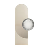 Brera Linea Glass Wall Light in brushed warm steel, with a tall rounded iron back plate and round blown-glass diffuser, shown on a plain white background.