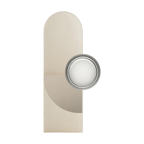 Brera Linea Glass Wall Light in brushed warm steel, with a tall rounded iron back plate and round blown-glass diffuser, shown on a plain white background.
