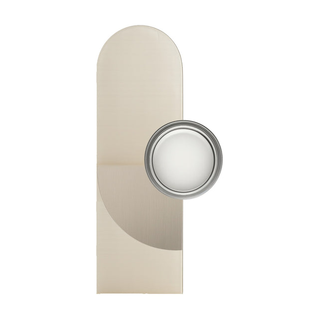 Brera Linea Glass Wall Light in brushed warm steel, with a tall rounded iron back plate and round blown-glass diffuser, shown on a plain white background.