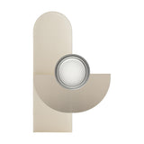 Brera Linea glass wall light in brushed warm steel, with a tall rounded iron back plate, overlapping curved arc, and round blown-glass diffuser, shown on a plain white background.