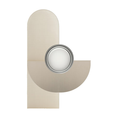 Brera Linea glass wall light in brushed warm steel, with a tall rounded iron back plate, overlapping curved arc, and round blown-glass diffuser, shown on a plain white background.