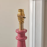 Carlworth Zigzag Table Lamp base close-up in pink clay resin with turned spindle detail and brass B22 bulb holder with switch.