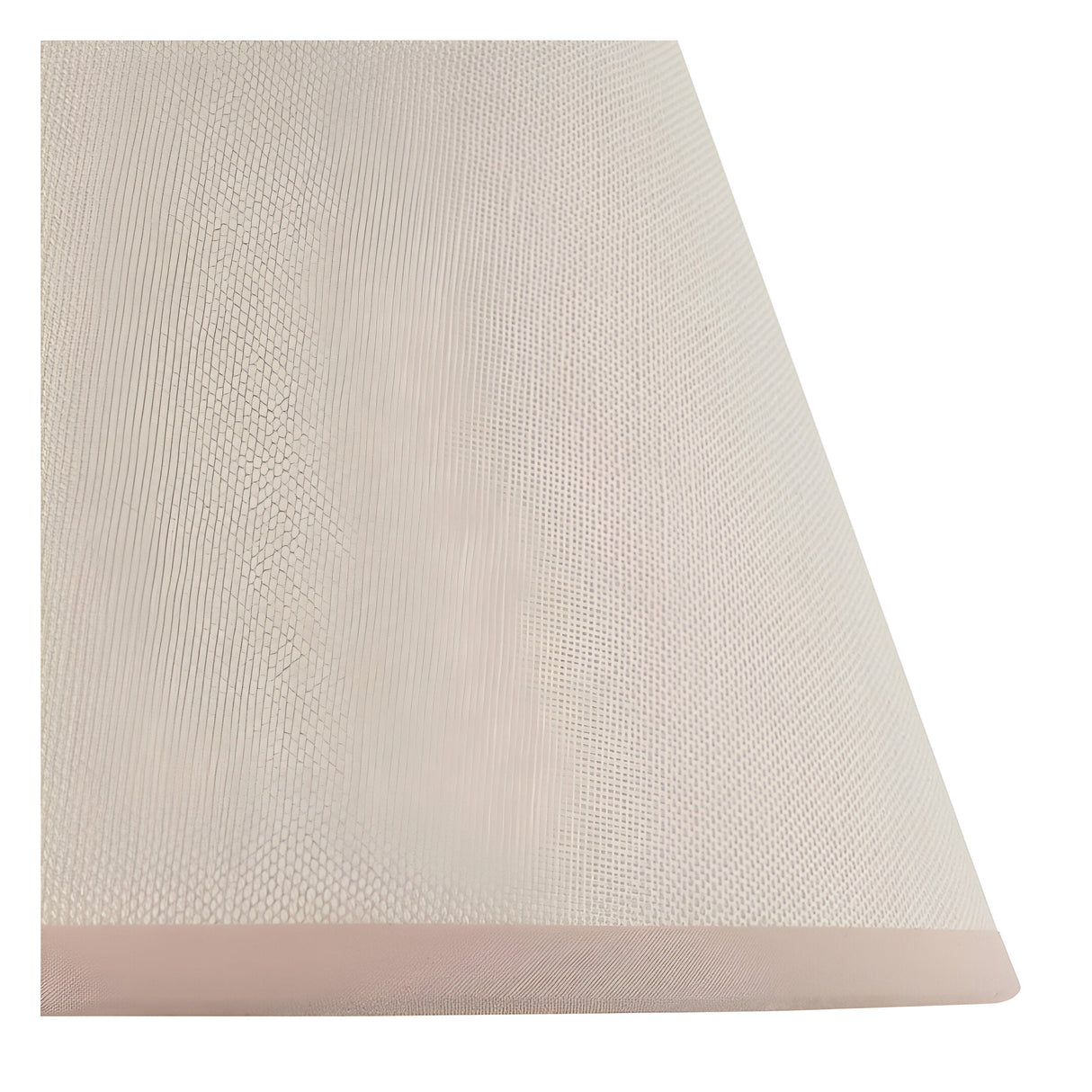 Close-up of the Endon Carlworth Ivy table lamp's tapered shade in vintage white cotton-mix fabric with an almond white taped edge.