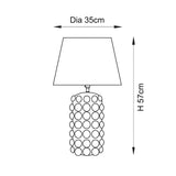 Amberley Ikat table lamp line drawing showing a bobble-textured cylindrical base with tapered fabric shade, labelled Dia 35cm and H 57cm on a white background.