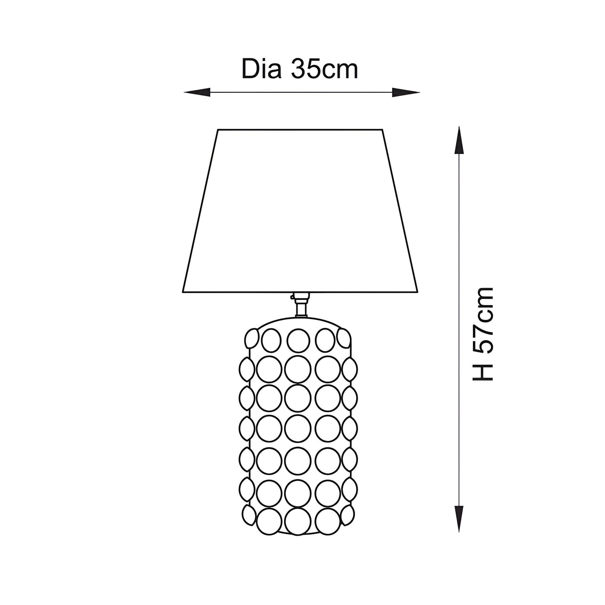 Endon Amberley Ivy dimensions diagram showing table lamp with tapered shade and bobble-textured base, labelled 35cm diameter and 57cm height.
