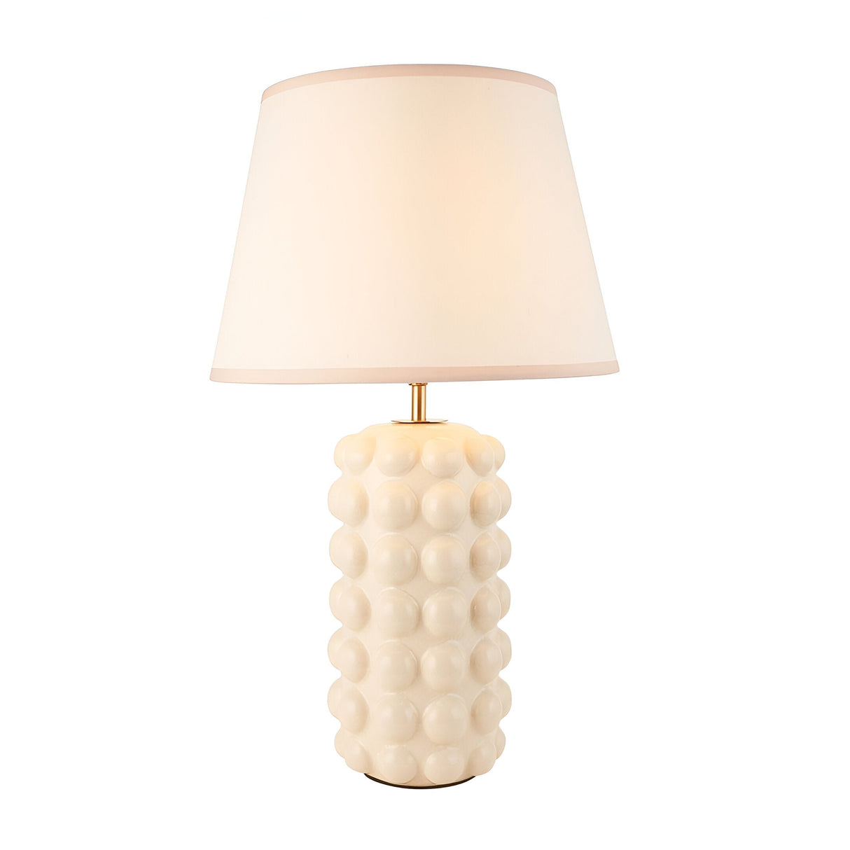 Endon Amberley Ivy table lamp with a white crackle-glazed ceramic bobble base, brass stem and tapered ivory fabric shade on a plain background.
