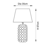 Amberley Ikat table lamp line drawing showing a bobble ceramic base and tapered fabric shade, with dimensions 35cm shade diameter and 57cm height.