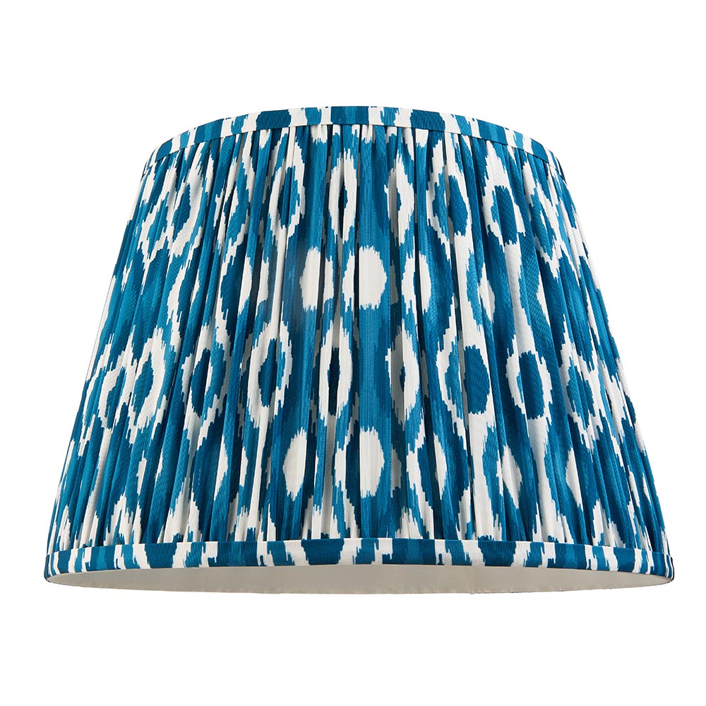 Endon Amberley Ikat tapered pleated table lamp shade in blue and white ikat print faux silk, shown on a plain white background.