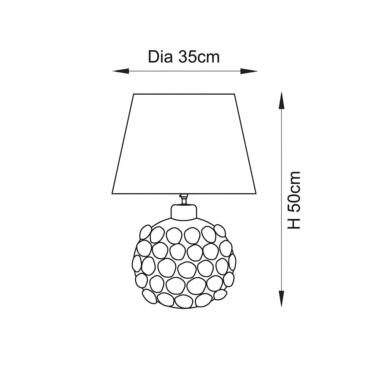 Ashbury Leaf Table Lamp diagram showing a textured pebble-effect ceramic base with tapered fabric shade, 35cm shade diameter and 50cm overall height.