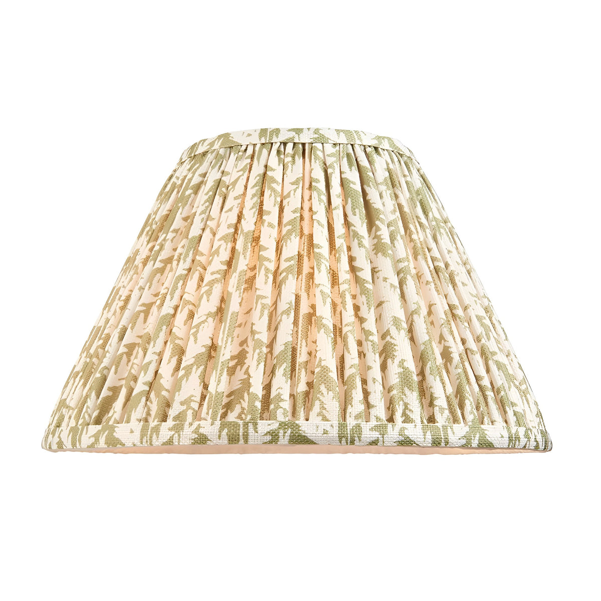 Endon Caldford pleated tapered lamp shade in cream faux linen with green leaf print, shown on a plain white background.