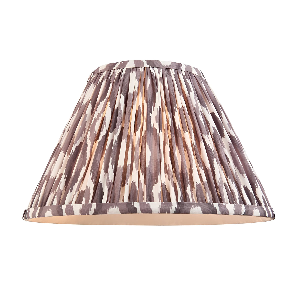 Endon Caldford 30cm pleated Ikat table lamp shade in grey and cream faux silk with tapered cone shape, shown on a plain white background.