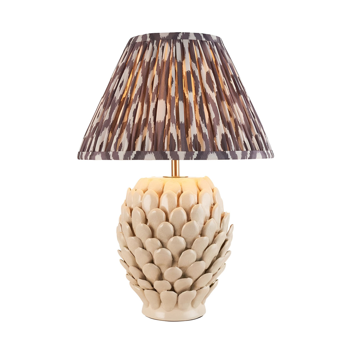 Endon Caldford ceramic table lamp with ivory crackle glaze leaf-detailed base and pleated grey Ikat print shade on a plain white background.