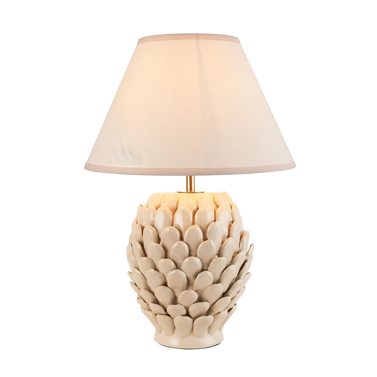 Caldford Ivy 30cm table lamp with an ivory crackle-glazed ceramic leaf-textured base and a white empire fabric shade, shown on a plain white background.
