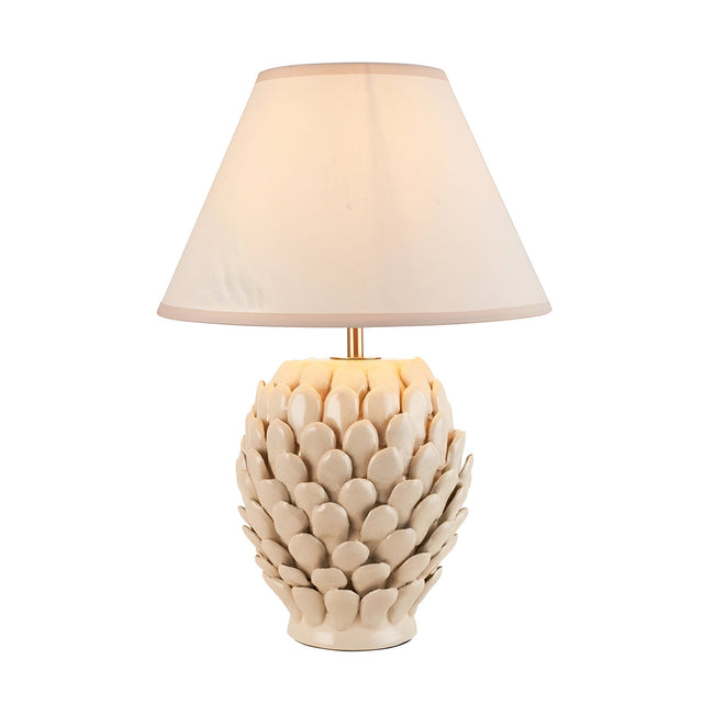Caldford Ivy 30cm table lamp with an ivory crackle-glazed ceramic leaf-textured base and a white empire fabric shade, shown on a plain white background.