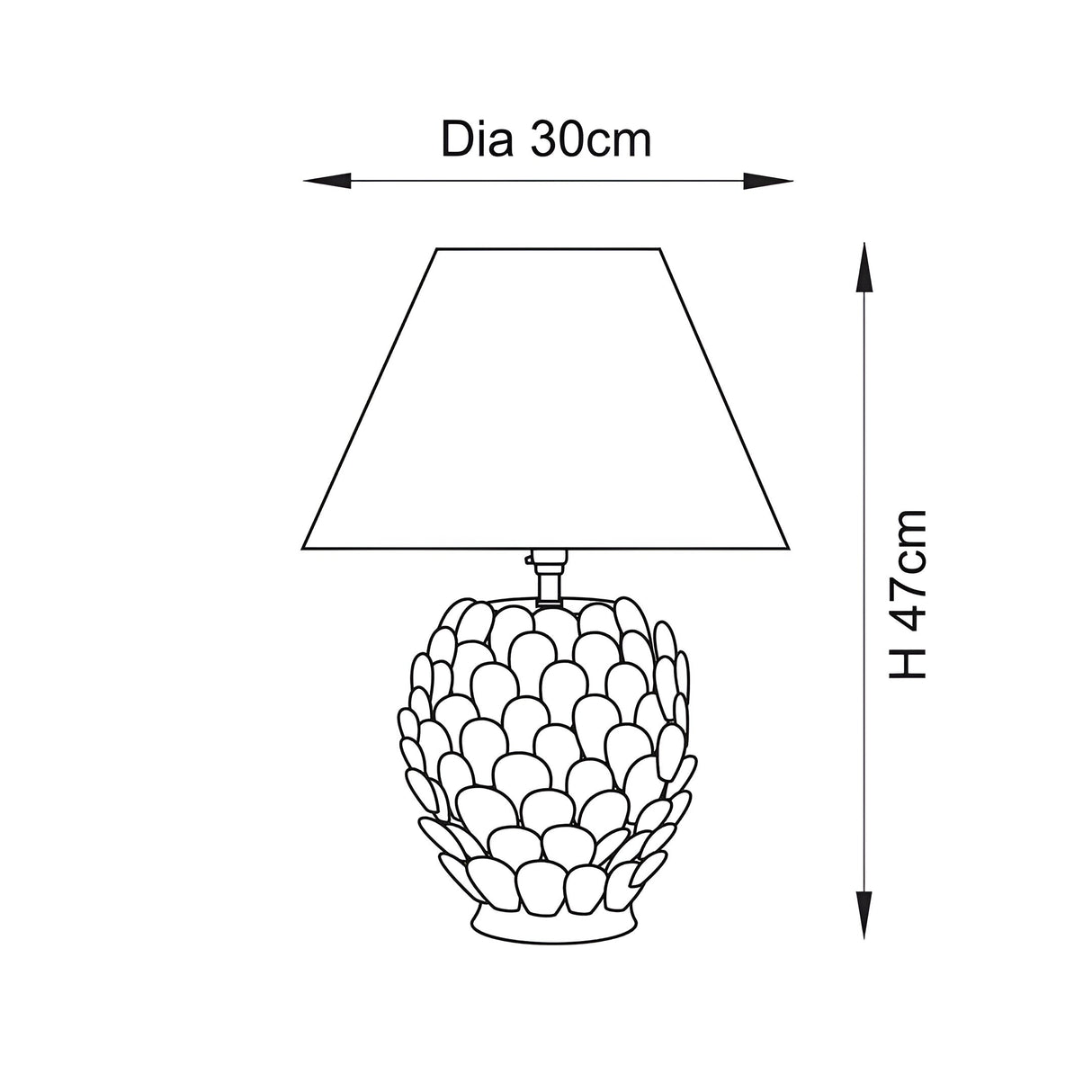 Line drawing of the Caldford Ivy 30cm Table Lamp with leaf-textured ceramic base and tapered fabric shade, labelled 30cm diameter and 47cm height.