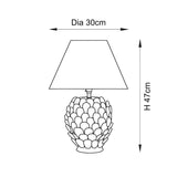 Line drawing of the Caldford Ivy 30cm Table Lamp with leaf-textured ceramic base and tapered fabric shade, labelled 30cm diameter and 47cm height.