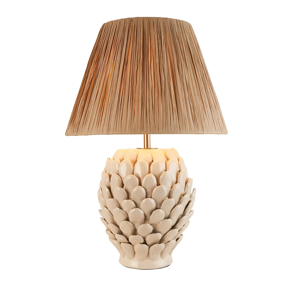 Endon Caldford table lamp with ivory crackle-glazed ceramic artichoke base, brass stem and tapered natural raffia shade, on a white background.