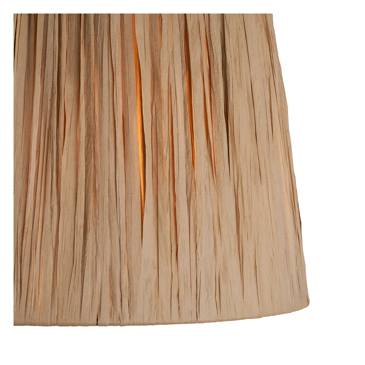 Close-up of the Endon Caldford table lamp's 32cm tapered shade, hand-wrapped in natural beige raffia with vertical woven texture and warm glow.